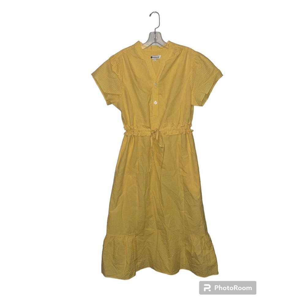 Bollie Maxi Dress Medium Short Sleeve Tie Waist‎ Gingham Plaid Pockets Yellow
